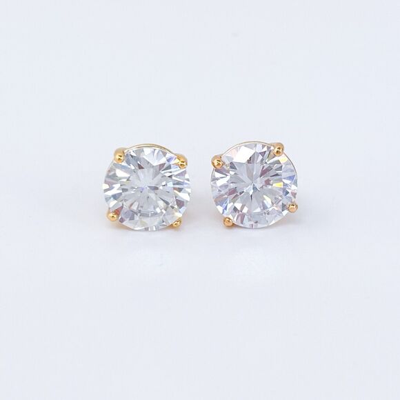 Vintage Sterling Silver 925 Gold-Tone 8mm Cubic Zirconia Stud Earrings - Picture 2 of 6